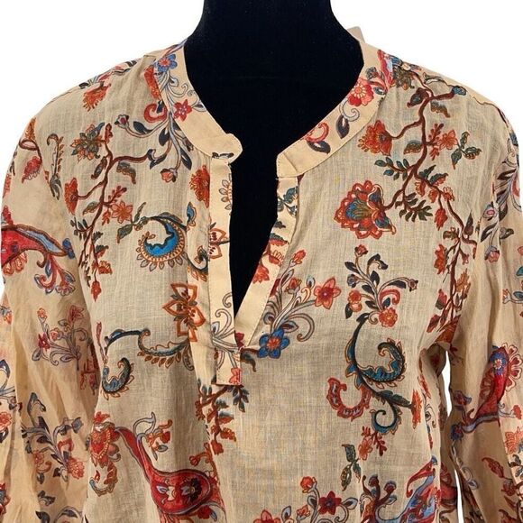 Dolma Womens Floral Split Neck Hi-Low Cotton Blouse Top Beige Multi Small‎ NWT - Picture 2 of 10